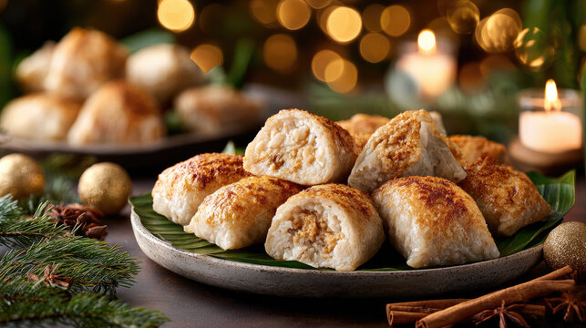 White sweet treats with shredded coconut on a banana leaf in a bowl, sitting on a burlap cloth, with blurred christmas candles and golden tree lights creating a warm holiday atmosphere