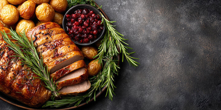 Holiday table with baked salmon garnished with rosemary, roasted potatoes, saut&eacute;ed spinach and croissants arranged with fir branches and red berries on textured gray background