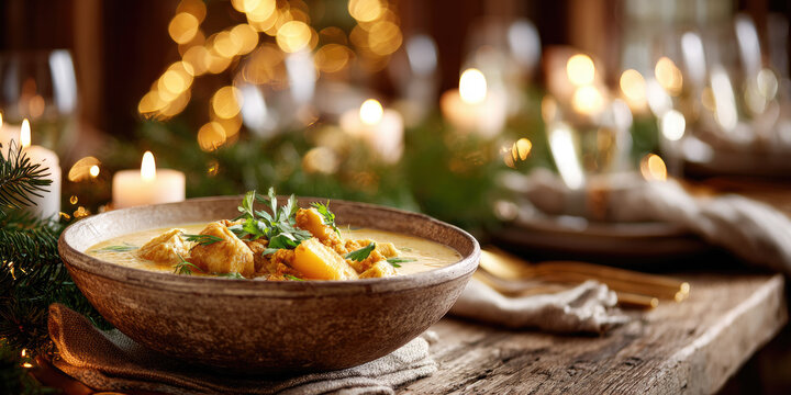 Traditional grenadian oil down stew featuring tender chicken, potato chunks, and vibrant spices, garnished with fresh herbs and sliced red chili, a comforting caribbean meal