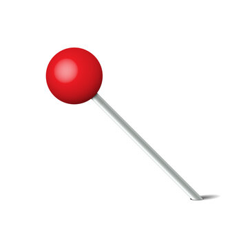Red pin with a dropped shadow is shown. The pin stands vertical and can be used to mark locations on maps or in digital designs. Simple and clear design style is used. 3D vector illustration