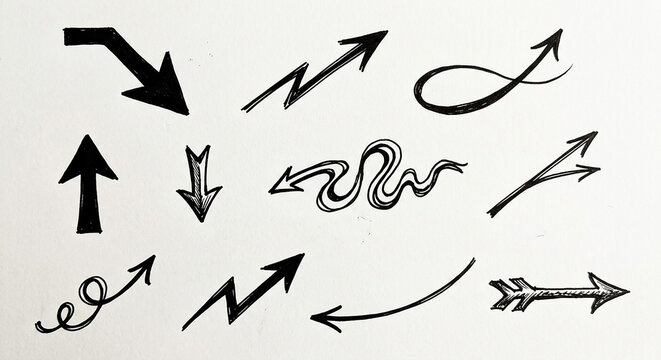 Collection of hand drawn arrow signs with diverse shapes and directions direction creative indicator collection abstract