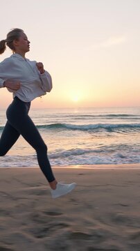 Young woman jogging sandy beach sea sunrise light sport activity fitness running female health wellness active lifestyle vertical 