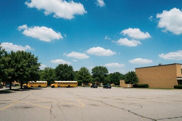 Obraz premium Empty school parking lot with yellow buses parked under blue sky. Two school buses sit on asphalt near brick building, green trees. Vacant car park area during summer vacation in quiet town. Sunny