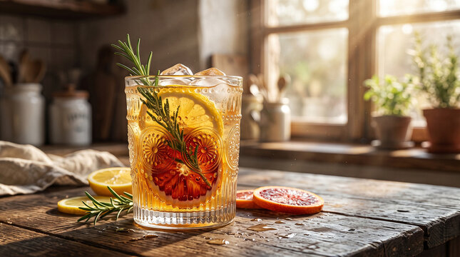 Artisanal craft lemonade with sliced lemons, blood oranges, and rosemary in a vintage glass. Glowing citrus tones, sunbeams through a rustic window, rich professional look.