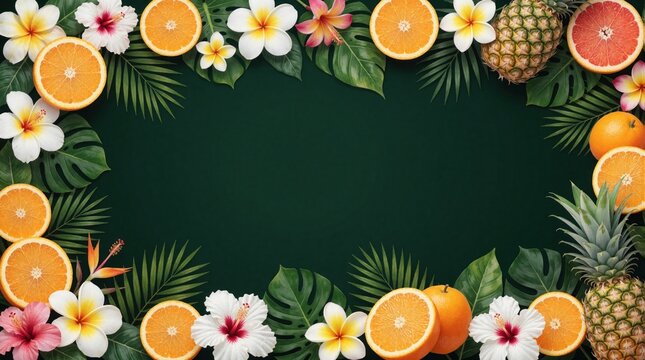 Tropical fruits, exotic flowers form colorful border on dark green background. Fresh orange slices, pineapple, hibiscus blossoms surround empty space. Summer leaves, citrus, rich plants create