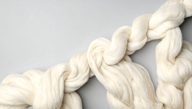 Soft white merino wool roving twisted on a gray background, craft concept