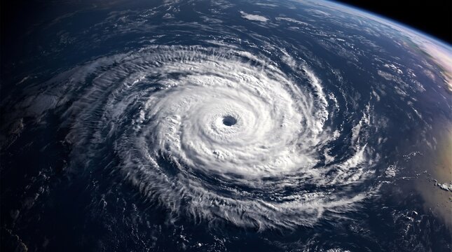 Satellite top view of a tropical cyclone over the ocean with a clear eye. News coverage, extreme weather alert, hurricane tracking, climate risk and natural disaster monitoring.  