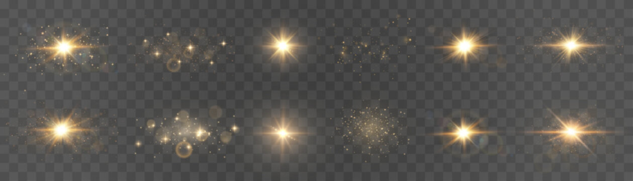Golden light effect and lens flare collection isolated on transparent background. Set of glowing sparkles, starbursts, and glitter dust overlays