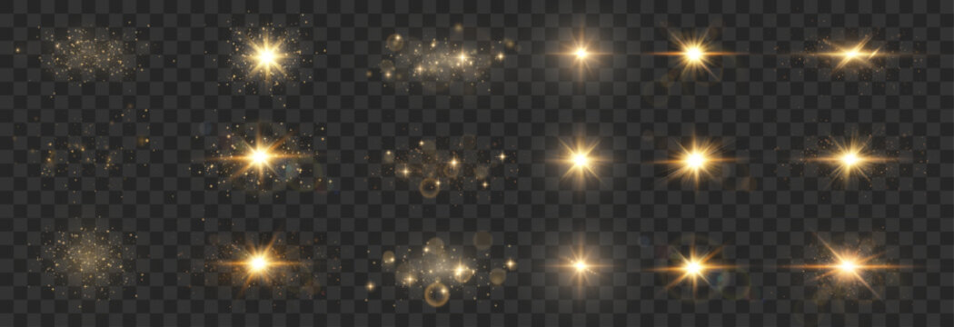 Golden light lens flare effects with sparkles and starbursts.  Light effects set. Glowing sunburst optical rays and bokeh particles on transparent background.