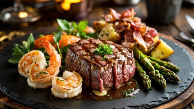 American cuisine. Surf and turf dinner. A beef steak with a charred grill pattern, served with tiger prawns, baked potatoes, bacon, and asparagus.