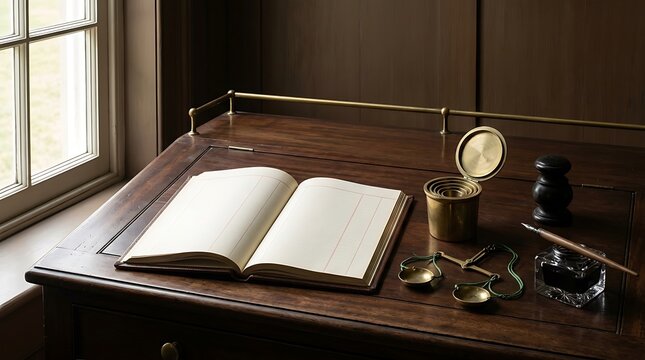 Open ledger book with vintage writing tools on wooden desk near window.