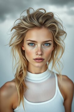 Close-Up Portrait of Freckled Blonde Woman with Bright Blue Eyes 