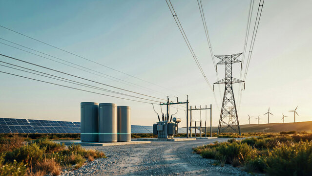 Comprehensive renewable energy plant with solar arrays, industrial battery storage, electrical transmission pylons and wind turbines in landscape