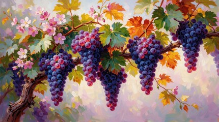 Obraz premium Oil painting of ripe purple grapes hanging on vine with pink flowers. Artistic fruit bunches grow in summer garden. Colorful vineyard scenery shows rich leaves, botanical details in bright