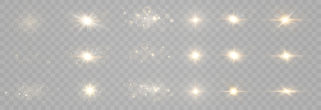 Golden light effects and lens flare set on transparent background. Glowing sunbursts, sparkle stars, and glitter dust overlays