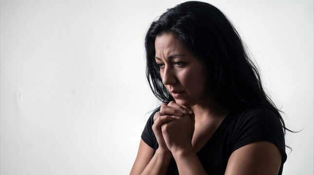 Hispanic woman praying with clenched hands and worried expression. Person experiencing emotional distress or spiritual crisis against white background.