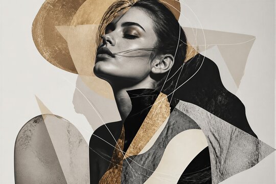 Female portrait posed amid abstract geometric collage background