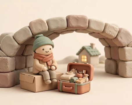 Plasticine character sitting on a box under a stone bridge with an open packed suitcase, illustrating homelessness, migration, or starting a new journey