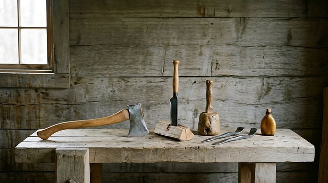 A collection of antique woodworking tools arranged on a rustic wooden workbench in a workshop.
