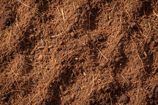 Close up of organic coconut substrate texture. Brown coco peat mulch provides natural growing medium for garden plants. Eco friendly soil material used in horticulture for seedling growth, plant