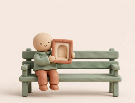Cute plasticine character sitting on a green park bench holding an empty picture frame, representing nostalgia, precious memories, and solitude.