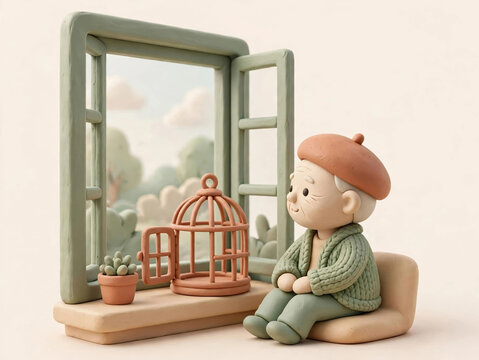 Clay-style conceptual scene of an elderly man sitting beside an open bird cage and window, symbolizing aging, freedom, solitude, confinement, memory, and the passage of life.