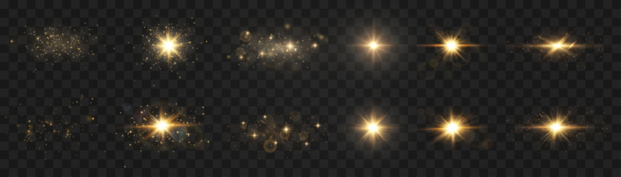Golden light effects and sparkling lens flare collection on transparent background. Glowing sunburst and shining star elements for graphic design overlay.