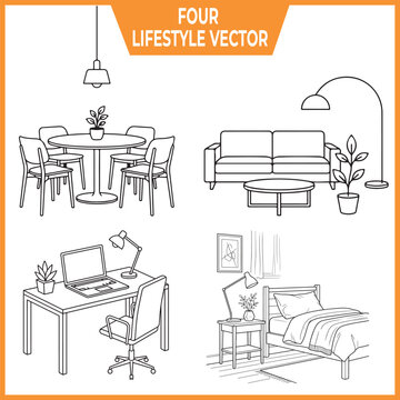 Furniture arrangement lifestyle vector illustration with dining living and bedroom scenes