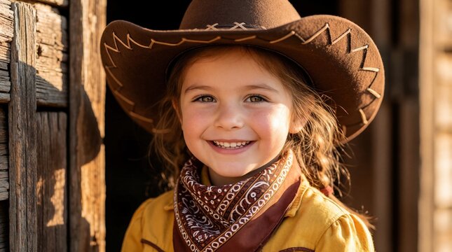 Cute little girl wears brown cowboy hat, bandana. Happy western kid smiles in rustic wooden ranch setting. Young female child dressed in country style clothes for rodeo farm themed party. Toddler