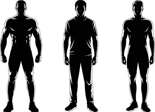 Three standing male figures in high-contrast black and white silhouette style, featuring muscular and athletic body types in front-facing poses