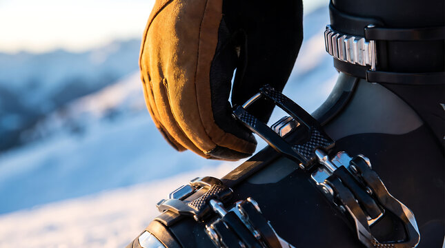 Close view of gloved hand fastening a ski boot buckle against snowy mountain scenery during winter resort preparation and equipment setup
