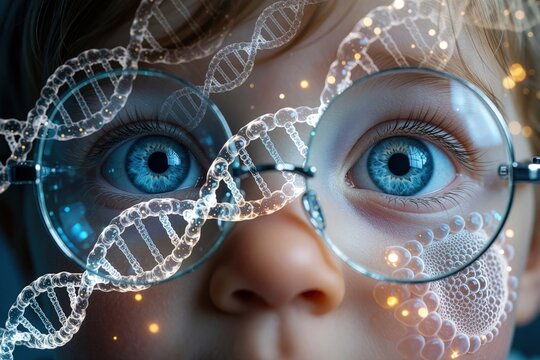 Close up of child eyes wearing glasses with DNA helix overlay. Scientific concept shows genetic link between heredity, myopia. Visualizes how DNA mutations affect vision, eyesight development in kids
