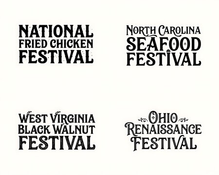 Compilation of four vintage-style typographic logo designs for American state food and heritage festivals on an off-white background
