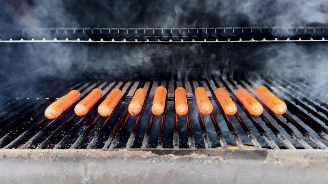 Row Of Hot Dogs Grilling With Heavy Smoke