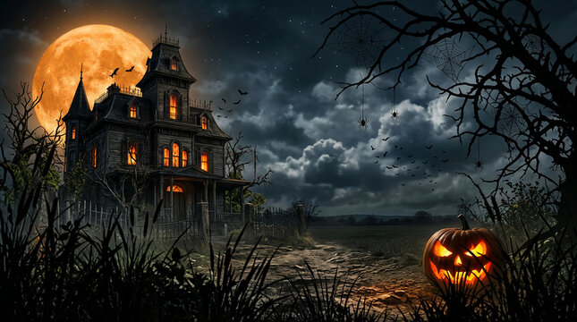 A spooky haunted house under a large orange moon, with bats, spiders, and a jack-o'-lantern, symbolizing Halloween frights and mystery