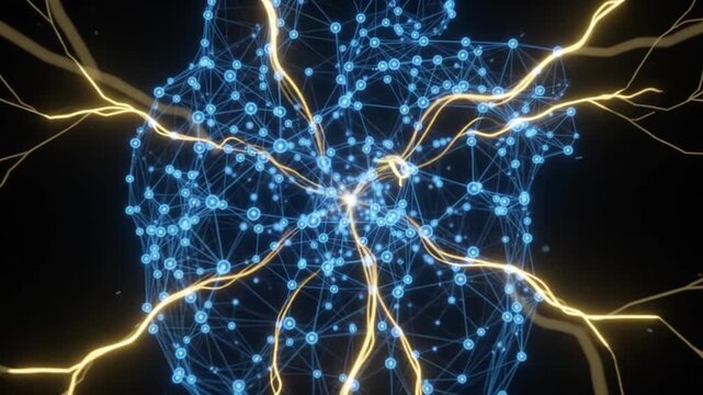 Abstract Digital Heart Network Pulsating with Blue Light and Yellow Energy