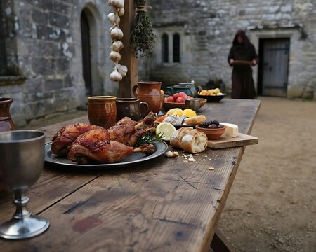 Rustic medieval feast featuring roasted poultry and artisan bread on a detailed wooden trestle table in a stone abbey courtyard