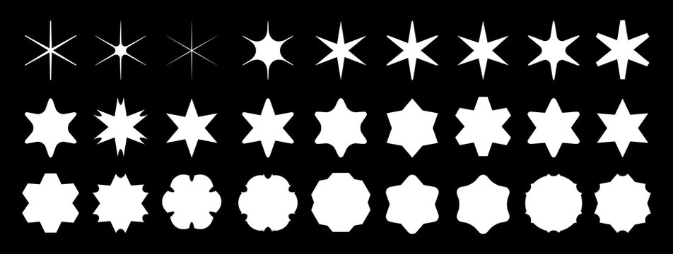 Set of white stars icons. Star shapes collection. Minimalist simple stars pack. Christmas star objects isolated on black background. Vector illustration