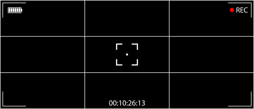 DSLR mirrorless camera rec overlay isolated on black bg. 21:9 recorder cam display. Video or photo recording screen. Viewfinder layout template. Vector illustration