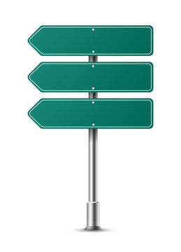 Realistic green arrows traffic sign on metal steel pole isolated. Green road panel mockup - direction highway, board traffic, city board location, street roadsign, stop, signboard signage. Vector png