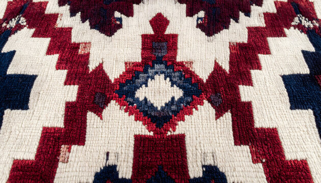 Close-up shot of an intricate vintage woven rug featuring traditional geometric patterns in rich red, dark blue, and cream colors