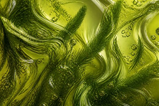 Green algae strands suspended in viscous gel close up