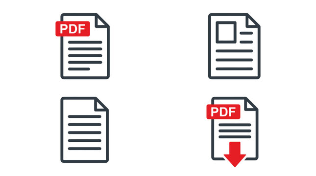 Minimalist document vector icons displaying digital file formats with red tags and arrows