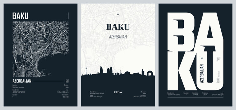 Detailed street plan city map Baku is the capital city of Azerbaijan, largest city on the Caspian Sea and in the Caucasus region, Vector set of travel posters, Silhouette skyline artwork kit 2