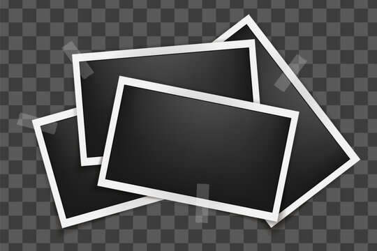 Realistic empty rectangle photo frames on sticky tape mockup isolated. Paper vintage instant photograph snapshot collage. Cardboard album picture tape with shadow. Photo memory placeholder. Vector