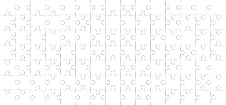 Detailed various shapes puzzle grid overlay. Jigsaw puzzle blank template. 15x7 shapes, 105 pieces. Separate matching puzzle elements. Vector png
