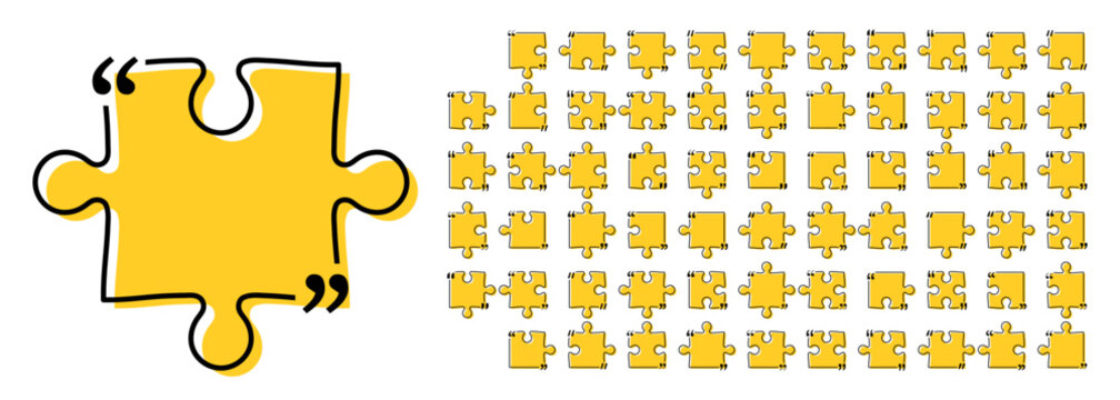 Quote box title pack isolated. Yellow puzzle style speech quotation mark frames. Text talk info message box borders. Dialog mark speech quotes icon. Vector png illustration