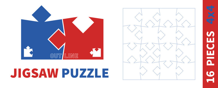 Detailed various shapes puzzle grid overlay. Jigsaw puzzle blank template outline. 4x4 shapes, 16 pieces. Separate matching puzzle elements. Vector illustration