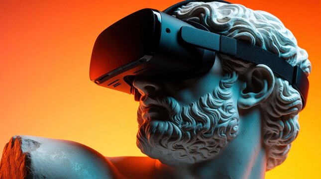 Classical marble statue wears modern virtual reality headset. Ancient sculpture explores digital world with VR tech. Creative concept blend of old art, future innovation on orange gradient