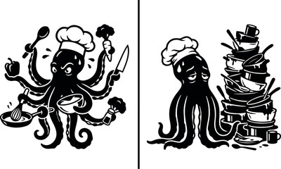 Vintage illustration of an octopus chef preparing food in a kitchen setting with detailed line work © MDNURUDDIN